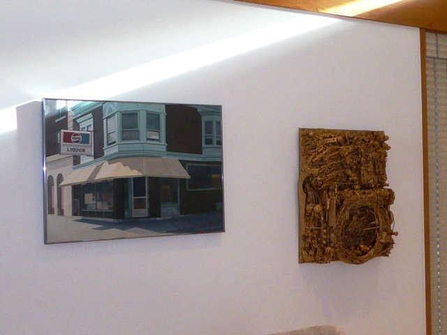 Robert Gwiewek "Storefront" Oil on Canvas & Chad Champnella "At the Crack of Dawn" Found Object Wall Sculpture