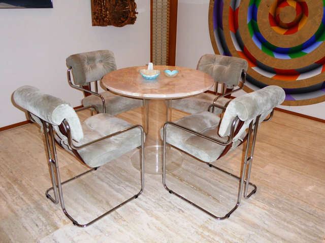 Guido Faleschini for Pace - 8 Mariani Tucroma Chairs, & Pair Custom Lucite Pedestal Tables w/ Marble Tops