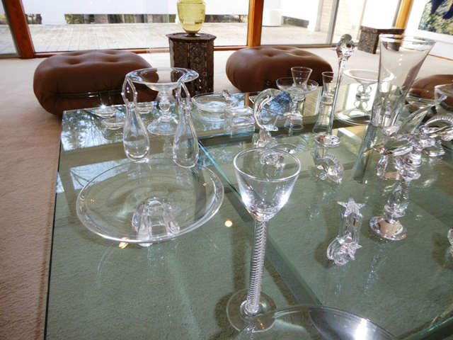 Large Collection of Steuben Crystal, including Decorative Pieces, Candlesticks, Animals, Chess Pieces, Stemware, Plates, etc. Coffee Table Not for Sale.