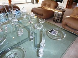 Large Collection of Steuben Crystal, including Decorative Pieces, Candlesticks, Animals, Chess Pieces, Stemware, Plates, etc. Coffee Table Not for Sale.