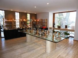 Marble/Glass Dining Table not for Sale - Set with Royal Crown Derby Imari China, Waterford "Sheila" Crystal Stemware, Steuben Crystal, etc.