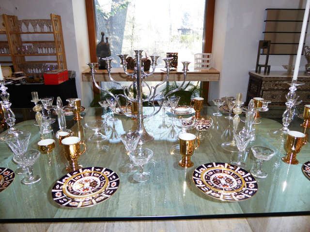 Marble/Glass Dining Table not for Sale - Set with Royal Crown Derby Imari China, Waterford "Sheila" Crystal Stemware, Steuben Crystal, etc.