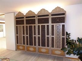 Exceptional Custom Wood Wall-Hung China Cabinet & Bar, made with Circa 1900 Syrian Inlaid Mother of Pearl, Camel Bone, & Wood 4-Panel Screen as Front /Doors