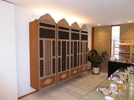 Exceptional Custom Wood Wall-Hung China Cabinet & Bar, made with Circa 1900 Syrian Inlaid Mother of Pearl, Camel Bone, & Wood 4-Panel Screen as Front /Doors
