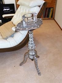 Antique Syrian Inlaid Mother of Pearl/Bone Tripod Stand with Oval Top and Daum Glass Bowl