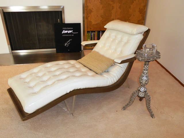 Kagan-style "Wave" Chaise Lounge - Wood Frame with Cane & Lucite Legs, Tufted Leather Cushion with Antique Syrian Inlaid Mother of Pearl/Bone Tripod Stand