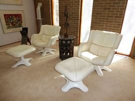 Yrjo Kukkapuro for Haimi, Finland "Karuselli" Fiberglass & White Leather Lounge Chairs & Ottomans - Pair