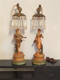 Emile Bruchon Hand Painted Spelter Lamps