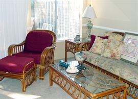 Rattan Furniture, Couch, Sofa, Arm Chair, Ottoman, Tropical fabric, Coffee Table, End Table, Table Lamp, Mary Engelbreit, Lithograph, Signed Print, Prints, Limited Edition, Bunnykins, Royal Doulton, Cup, Bowl, Plate, Childs