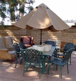 Glass Top Patio Table, Set, 6 Chairs, Umbrella, Stand, Rattan Arm Chairs