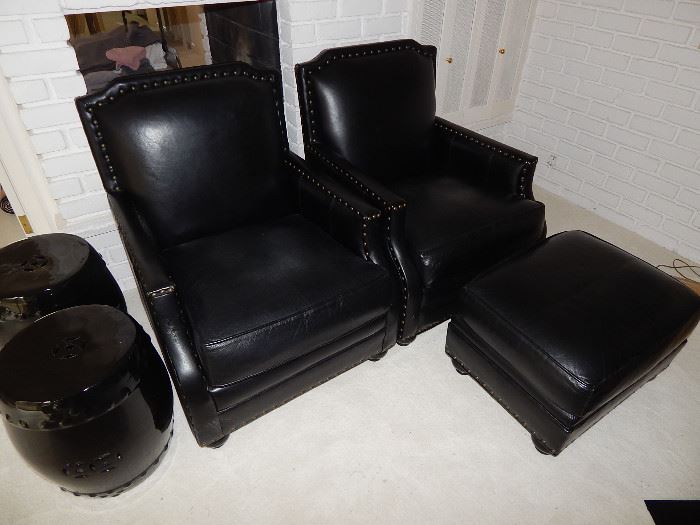Thomasville Black Leather Library Chairs w/Nailhead Trim and  Ottoman