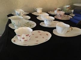 These are some beautiful English snack plates and saucers -- mostly English -- that include Royal Albert and a Shelley pieces.