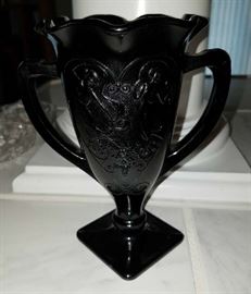 Vintage L.E. Smith Black Amethyst Glass Trophy Cup Vase with Dancing Nymphs
