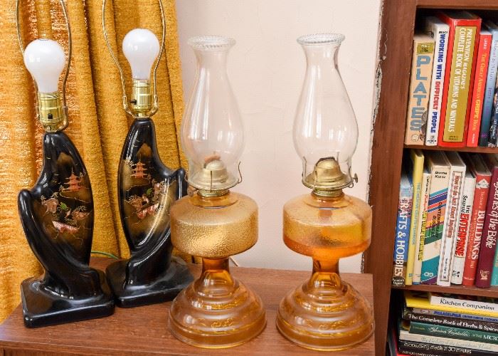 Pair of Asian Table Lamps, Pair of Amber Glass Hurricane Oil Lamps