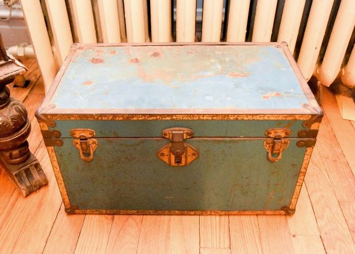 Vintage Blue Metal Doll Clothes Trunk with Doll Clothing