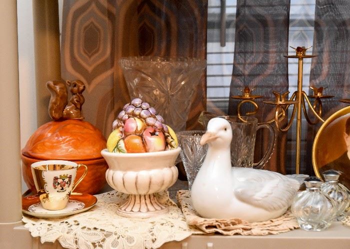 Vintage Teacup, Lead Crystal Vases, Pottery Nut Jar, Collectible Seagull Figurine, Etc.