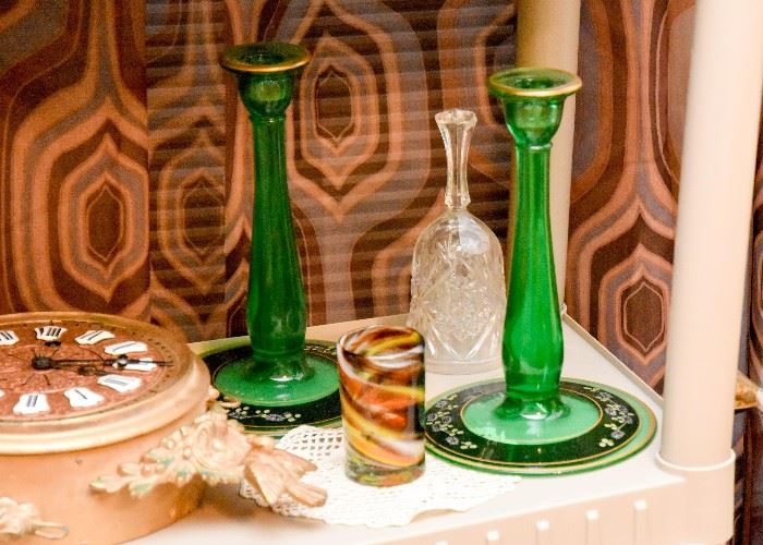 Green Glass Candlesticks, Crystal Bell, Blown Glass 