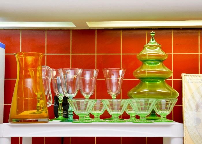 Glass Pitcher, Depression Glass, Stemware, Vintage Glass Christmas Tree Jar