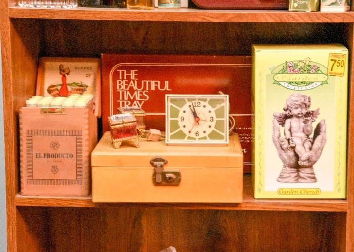 Cigar Boxes, Jewelry Boxes, Vintage alarm Clock, Vanity Items, Home Decor