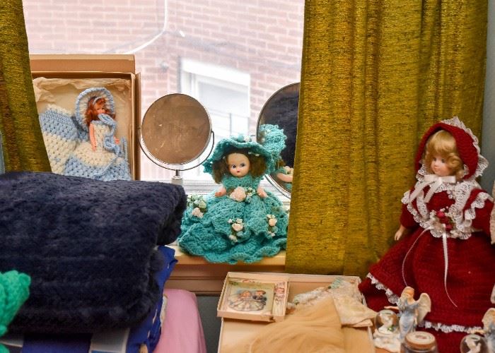 Vintage Dolls with Handmade Crochet Clothing, Vanity Mirror, Etc.