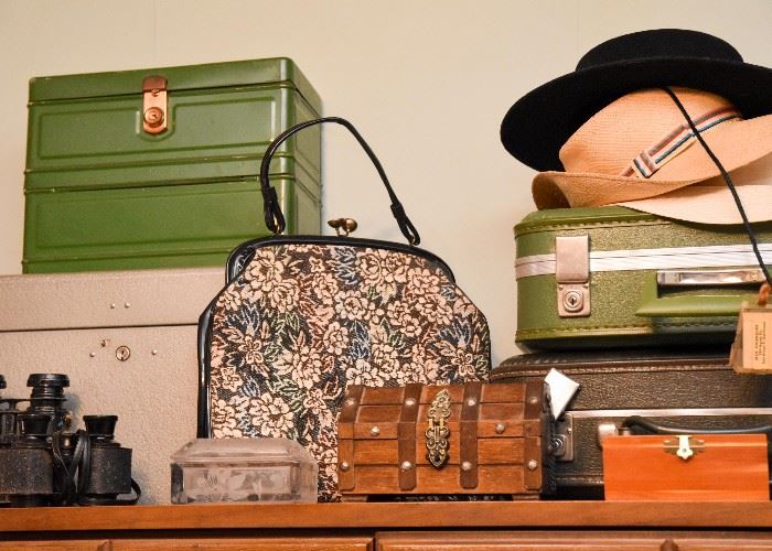 Vintage Luggage, Women's Hats & Purses, Jewelry Boxes, Metal File Boxes, Binoculars