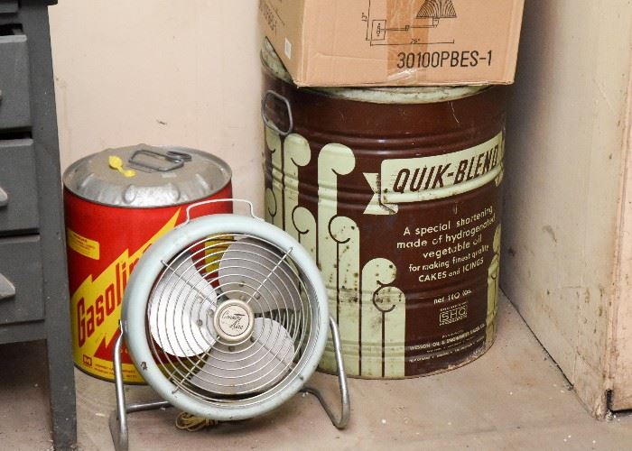 Gas Cans, Vintage Fan, Vintage Flour Tin
