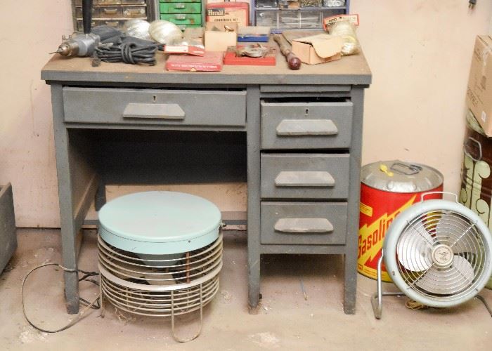 Vintage Desk, Fans, Heater, Tools & Workshop Items