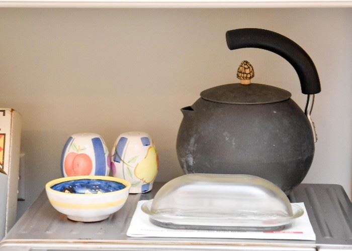 Ceramic Salt & Pepper, Finger Bowl, Teapot & Glass Butter Dish 