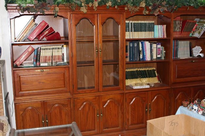 4 SOLID WOOD BOOK SHELVES, ENCYCLOPEDIAS, BOOKS CENTER TWO PIECES STILL AVAILABLE