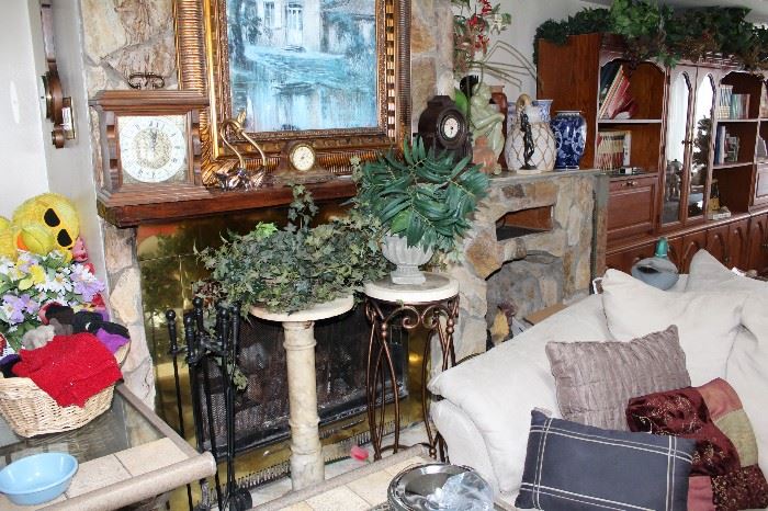 PLANT STANDS FAUX PLANTS, GREENERY, CLOCKS, FIREPLACE TOOLS, FIGURINES, LARGE VASES, ANTIQUE 5 GALLON CROCK