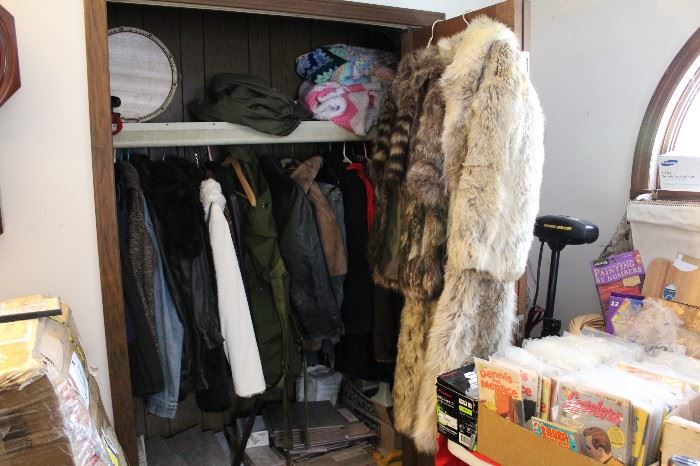 vintage fur coats SOLD, hundreds of comic books SOLD,ceramic floor tiles and supplies, coats and more coats