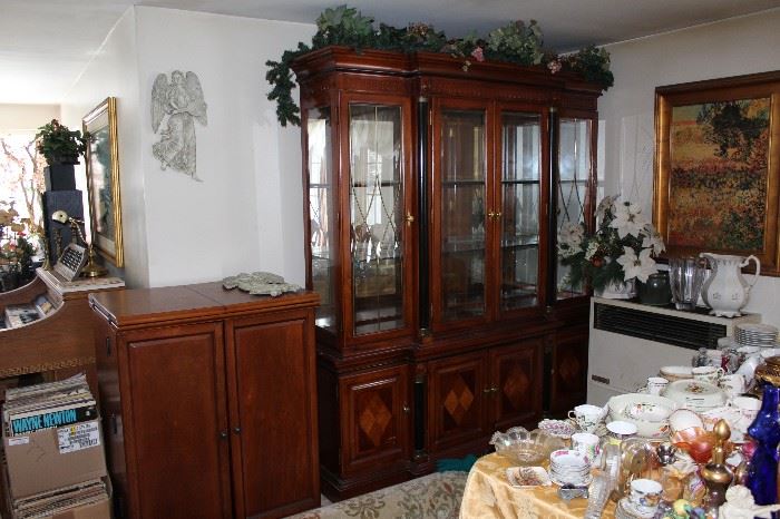  PORTABLE BAR CABINET,  CHINA CABINET MATCHES TABLE 7 CHAIRS, BUFFET AND TWO LEAFS
