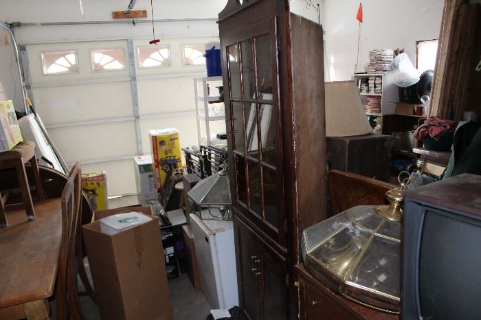 corner china cabinet, small refrigerator sold, 3 antique sewing machines