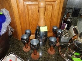 Bowling pin shaker and matching "duck pin" cups by Hammacher Schlemmer, c 1938