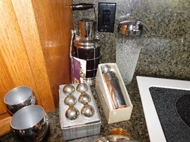 Silverice drink coolers, sold exclusively by Mary Ryan of Fifth Ave, NY, c1929;  Napier Rooster drink shaker in box