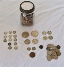 Silver Coin collection with a jar of Wheat Pennies