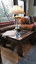 glass top side table and large lamp