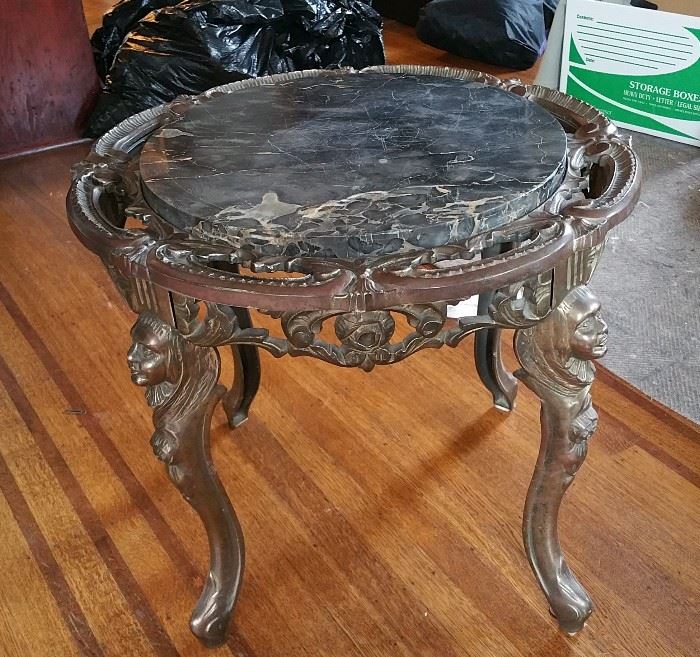 fantastic small side table - black marble on heavy metal frame with figural legs, antique "Egyptian" motif