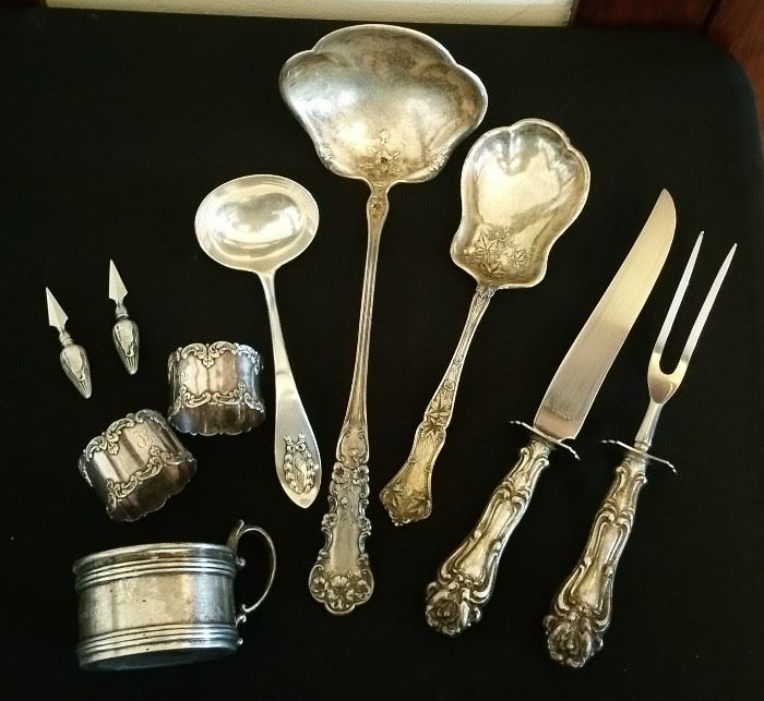 Misc Sterling serving pieces - 11" VERY LARGE ladle by International -small Shreve ladle - carving set - napkin rings - corn stickers - baby cup