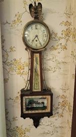 Chelsea clock co. - Banjo clock - not running, overwound likely.  Otherwise good condition, reverse painted glass panels