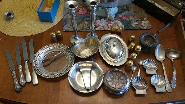 Sterling items-salts, candlesticks, wine coaster more