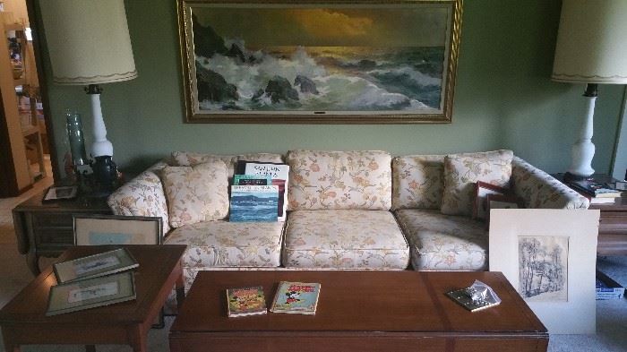 lovely retro couch, great condition....drop leaf coffee table....requisite large retro ocean print