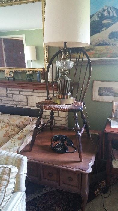 side table - hoop back windsor chair - 1970's table lamp - 1940's telephone