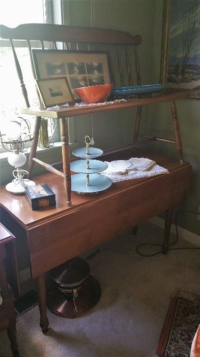 drop leaf maple 'harvest' table - maple deacon's bench - misc. linens - copper chafing dish (food warmer)