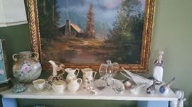 Nippon vase - green mark Belleek - Baccarat crystal eagle - Waterford cat - Royal Copenhagen figurines - large oil painting by Jim French