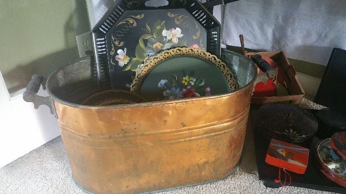 copper boiler ( no lid) - tole painted trays - Chinese lacquer ware boxes 