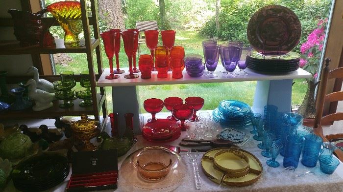 newer red goblets....vintage red-orage tumblers ...lovely lilac goblets and bowls....vintage amethyst plates...Mexican hand blown blue tumblers, plates, bowls etc...1970's avocado green plates and sherbets - MORE!