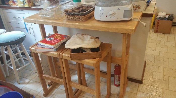 counter height table and two stools, birch
