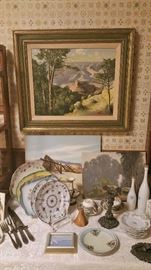 Original oil, Lawrence Allen...misc vintage and antique fine porcelain...original oils on board...elaborate silver plate candlestick....Porsgrund tile