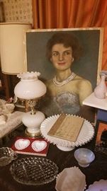 "Jackie O" painting....milk glass lamp....Fenton Silvercrest cake plate...Fostoria American - more